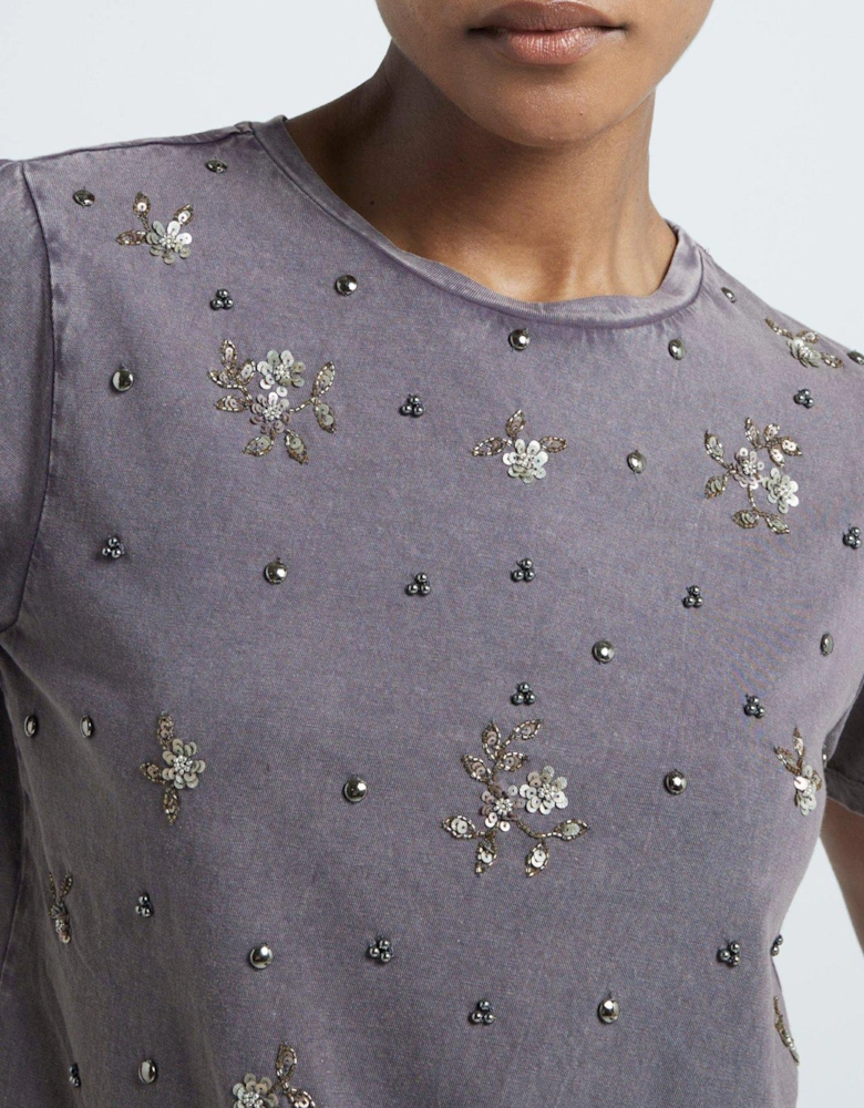 Embellished Beaded Washed Tee - Dark Grey