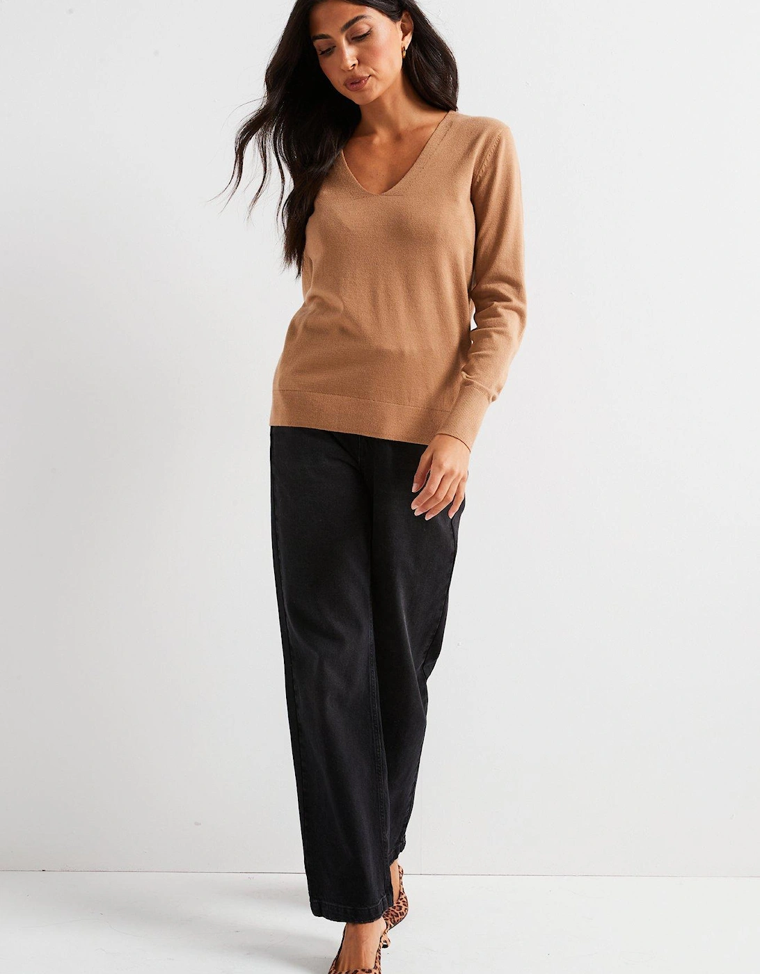 V Neck Knitted Jumper - Neutral