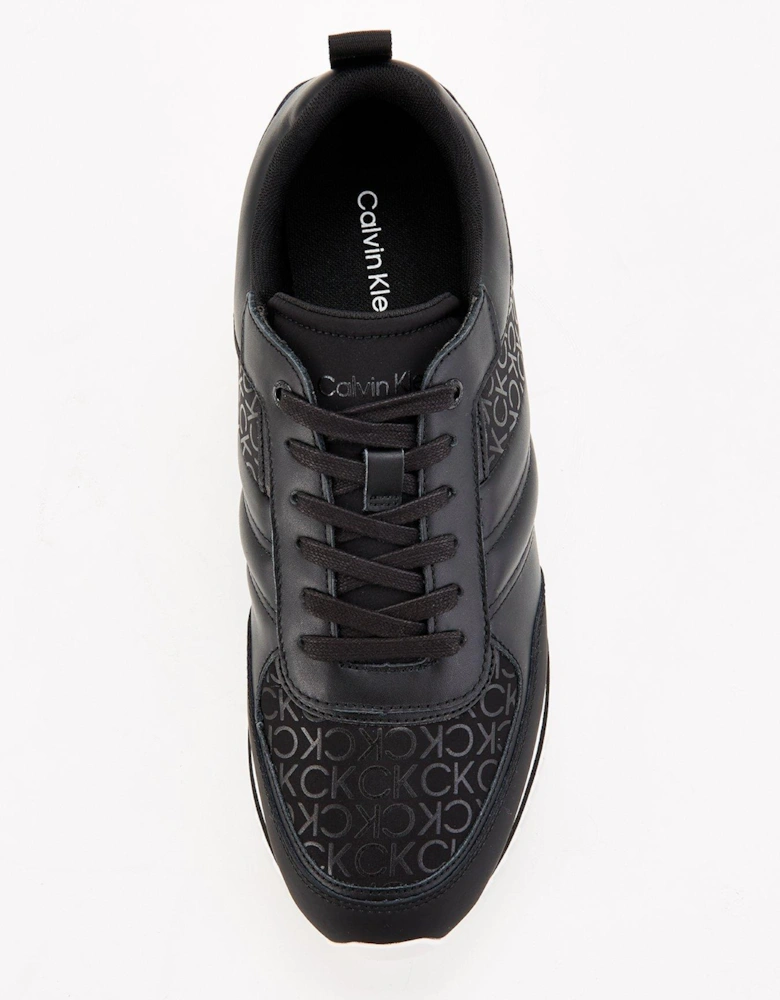 Low Top Mono Print Leather Runners - Black