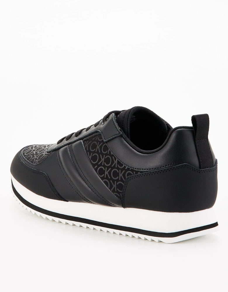 Low Top Mono Print Leather Runners - Black