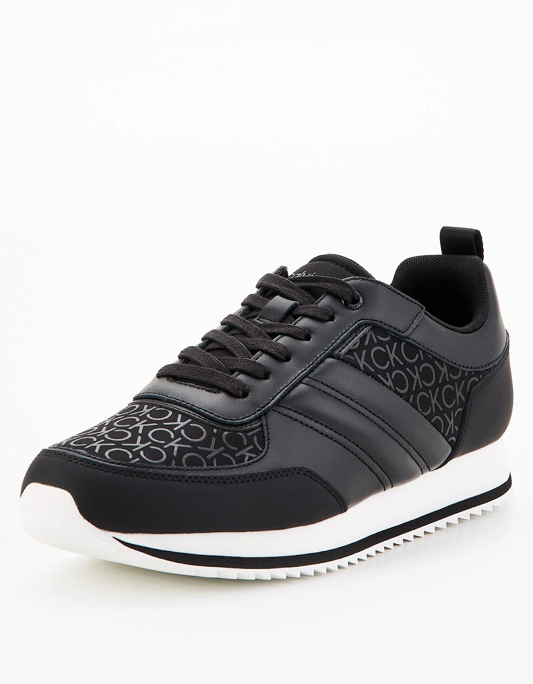 Low Top Mono Print Leather Runners - Black