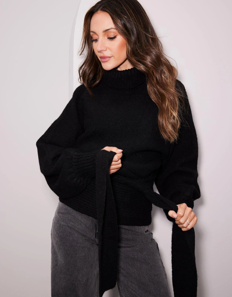 Knitted Wrap Belted Waist Jumper - Black 