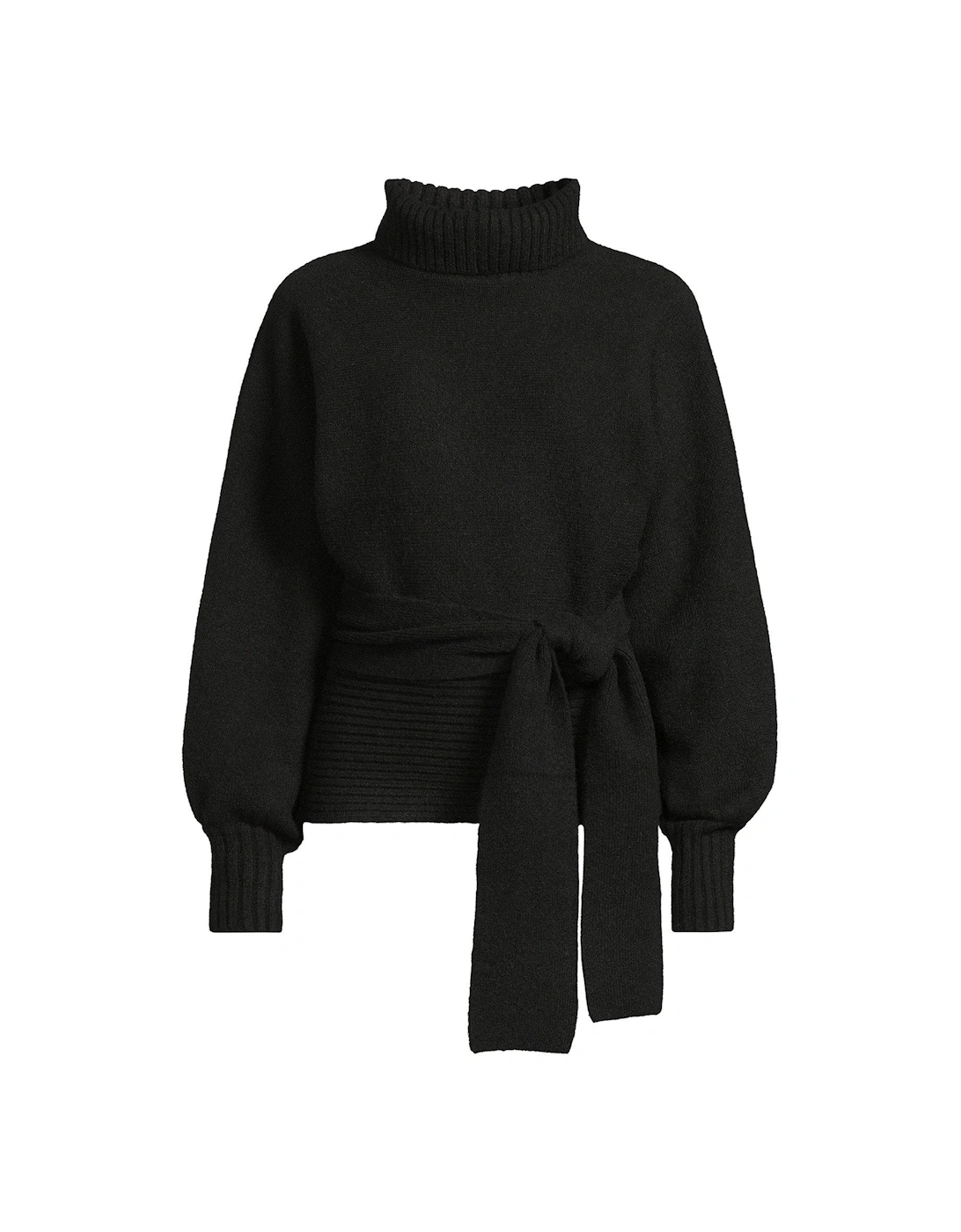 Knitted Wrap Belted Waist Jumper - Black 