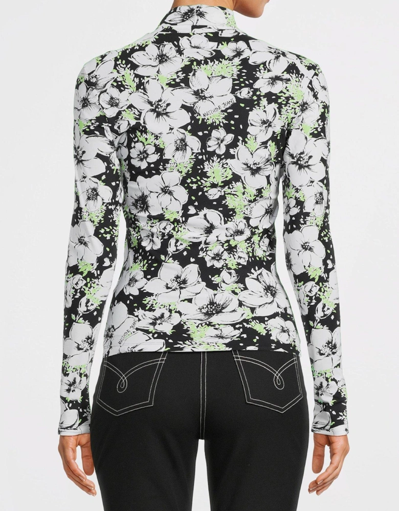 Floral Print Roll Neck Long Sleeve Jersey Top - Black