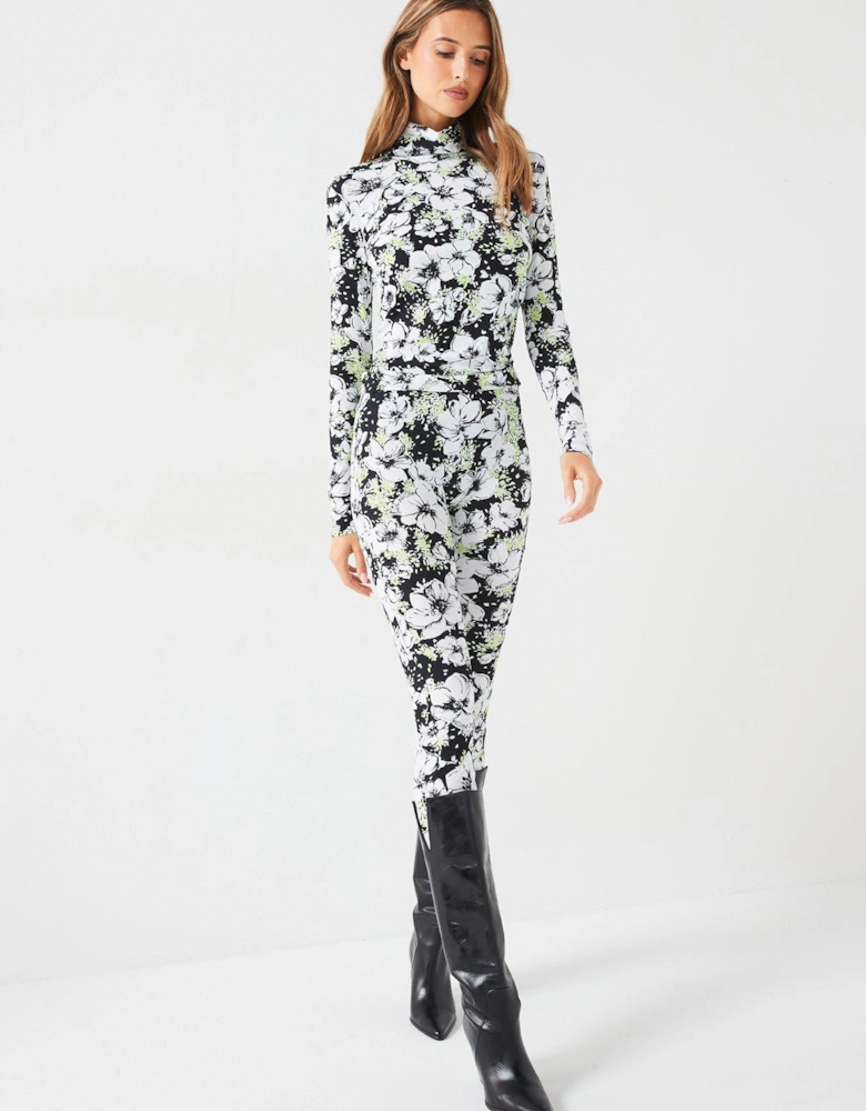 Floral Print Roll Neck Long Sleeve Jersey Top - Black