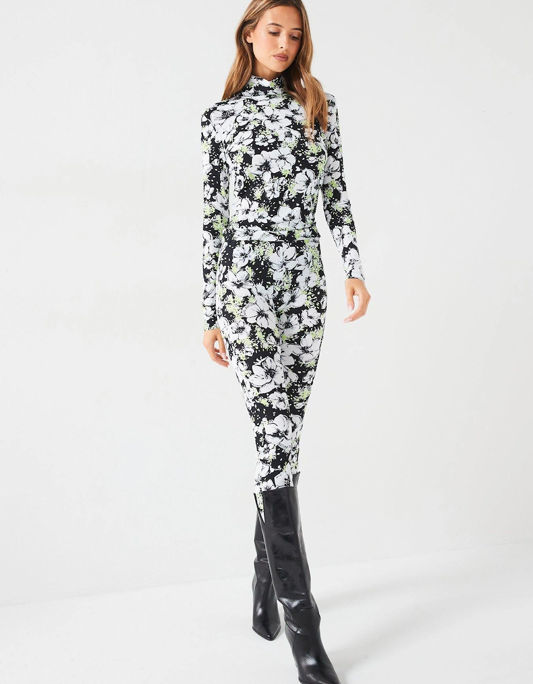 Floral Print Roll Neck Long Sleeve Jersey Top - Black