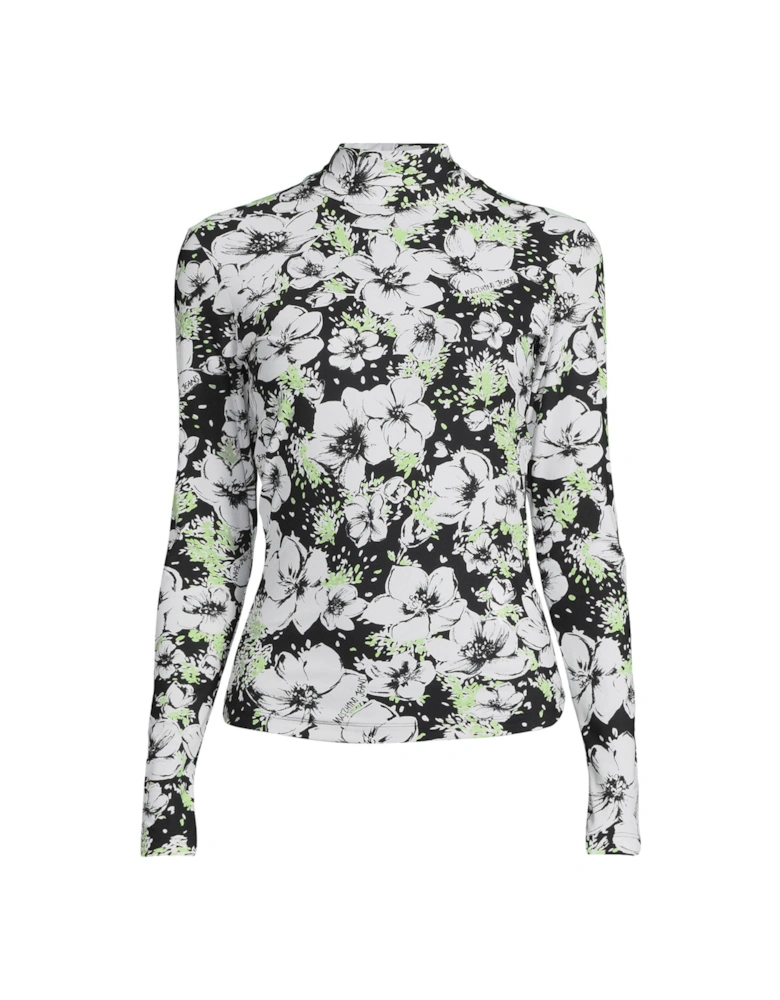 Floral Print Roll Neck Long Sleeve Jersey Top - Black