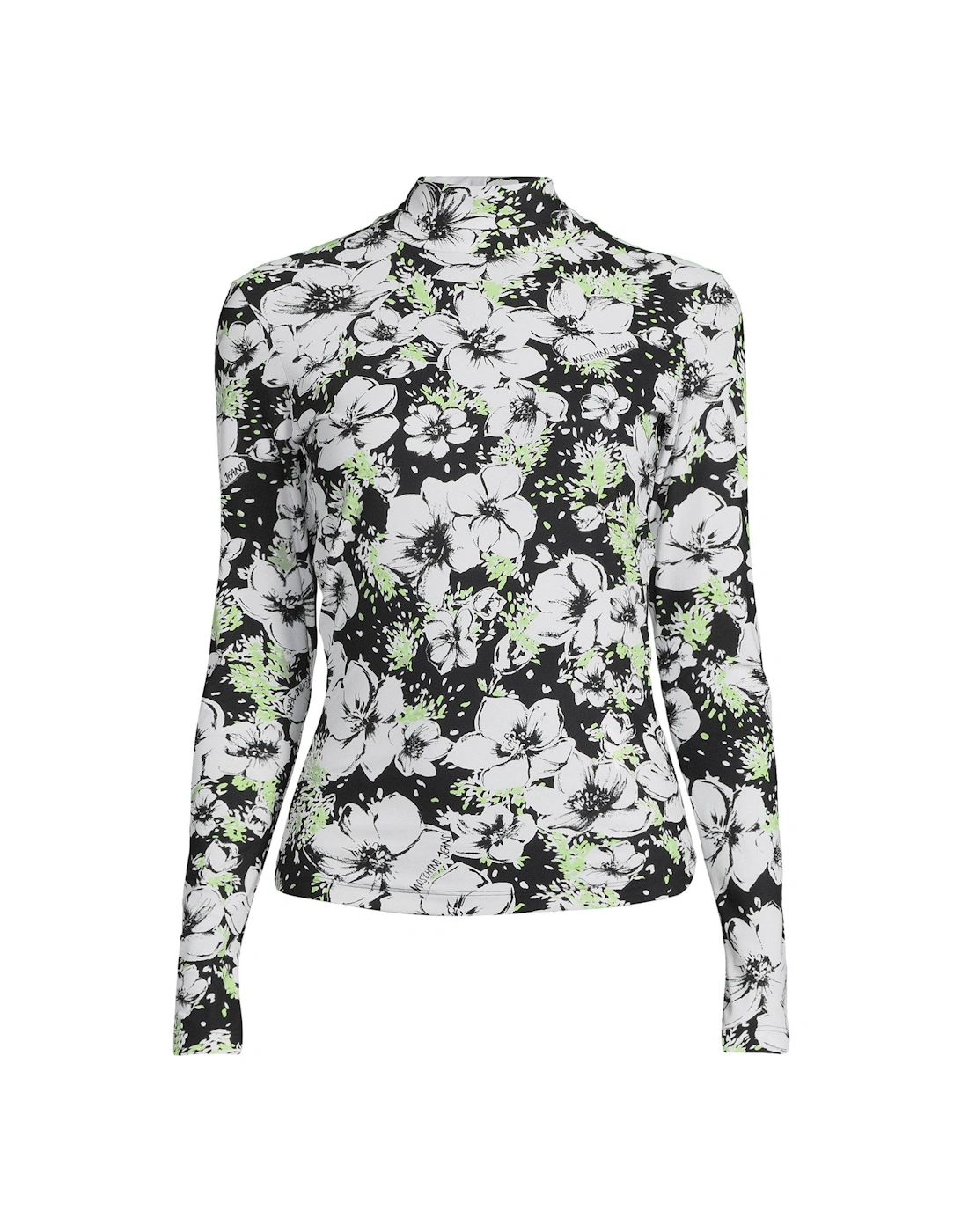 Floral Print Roll Neck Long Sleeve Jersey Top - Black