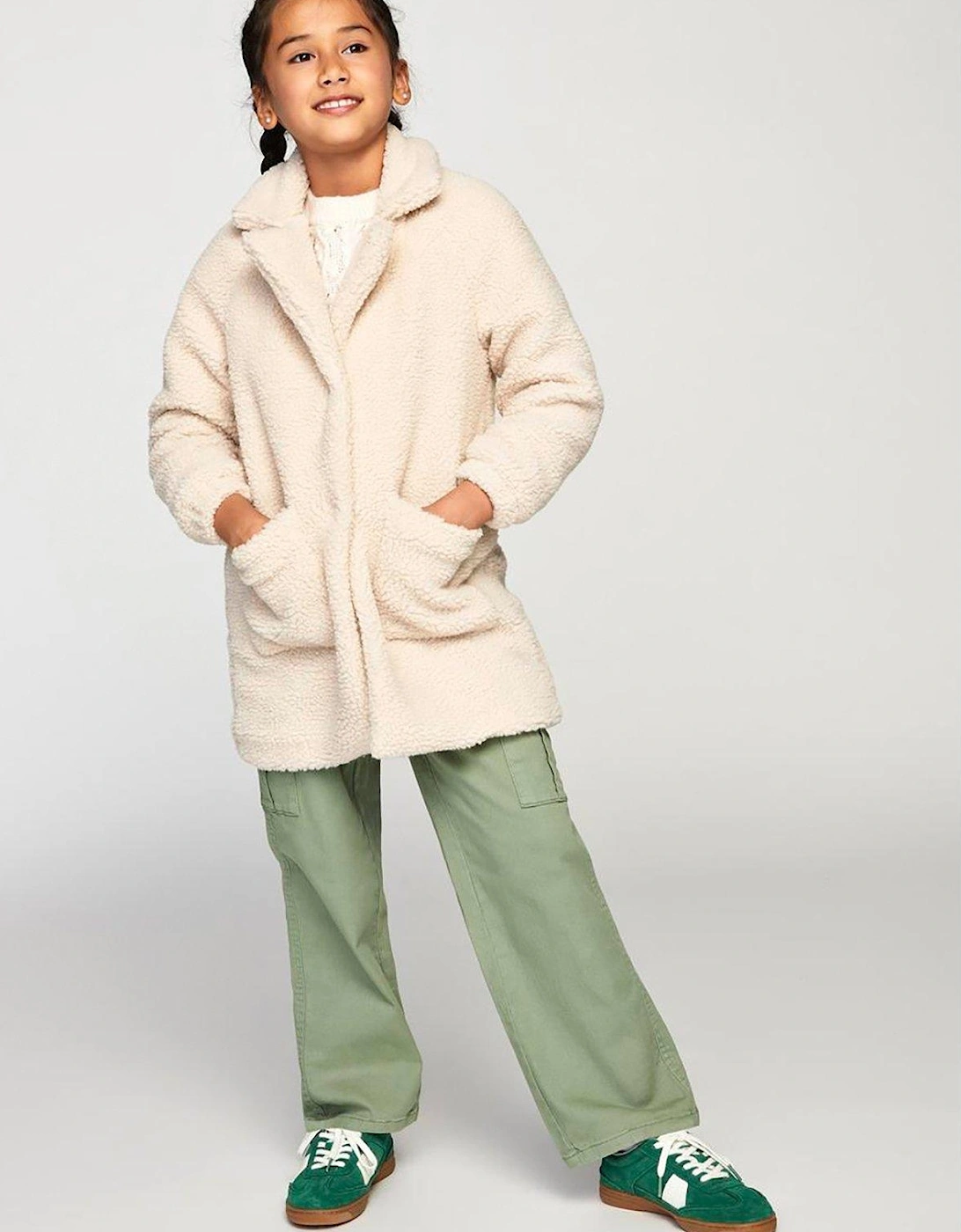 Girls Teddy Fleece Long Coat - Cream