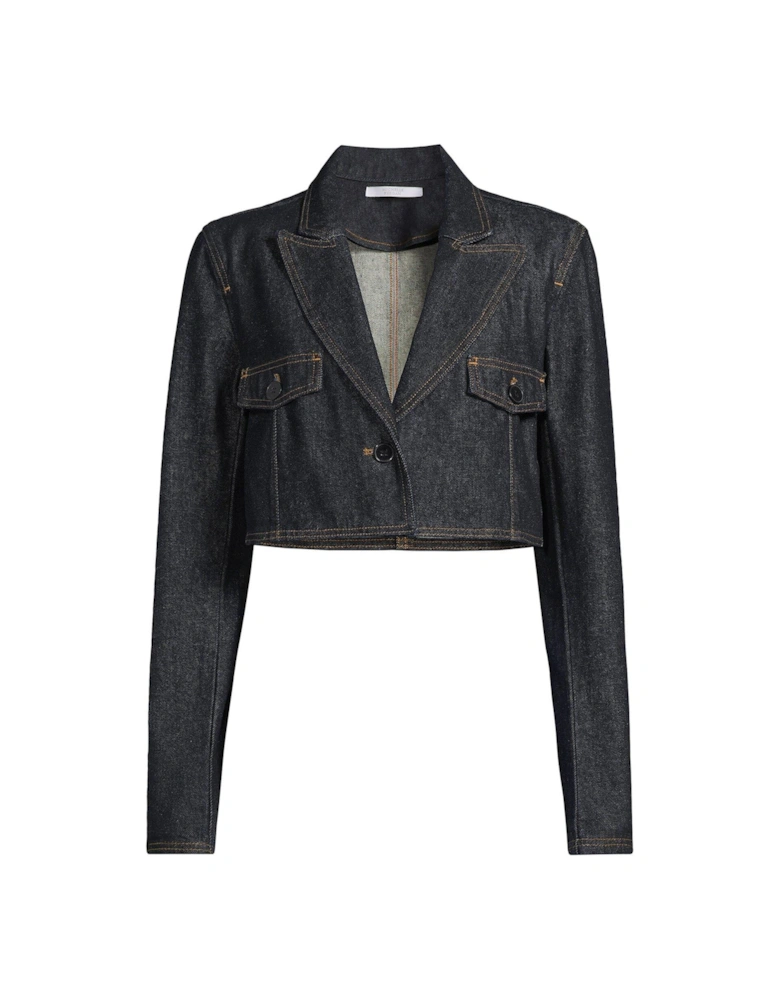 Cropped Denim Blazer Jacket - Dark Blue 