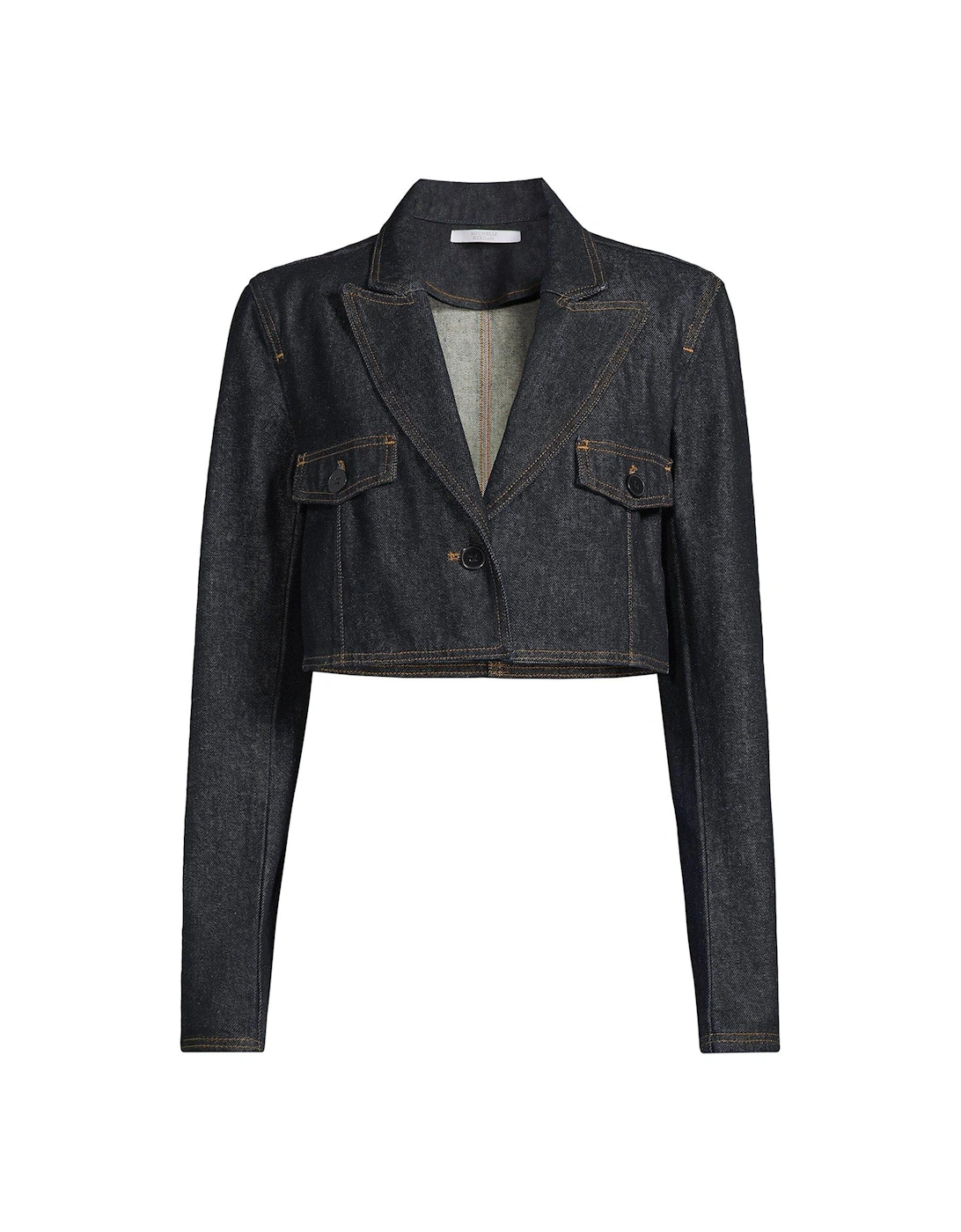 Cropped Denim Blazer Jacket - Dark Blue 