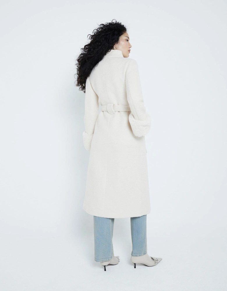 Faux Fur Cuffed Wool Coat - Cream