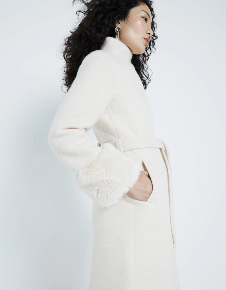 Faux Fur Cuffed Wool Coat - Cream