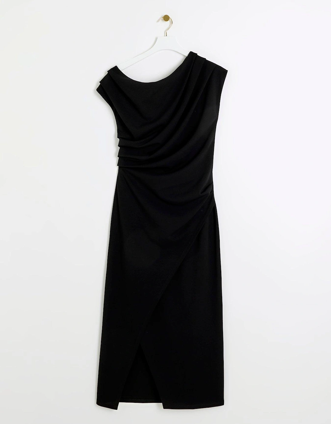 Asymmetric Drape Midi Dress - Black