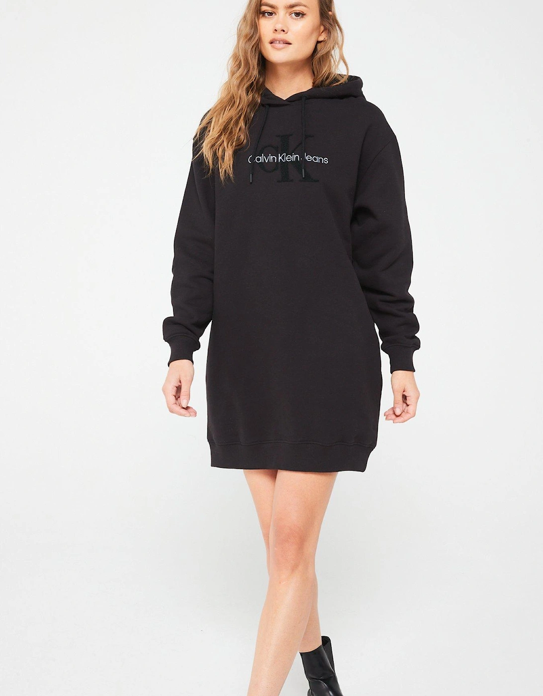 Chenille Monologo Mini Hoodie Dress - Black