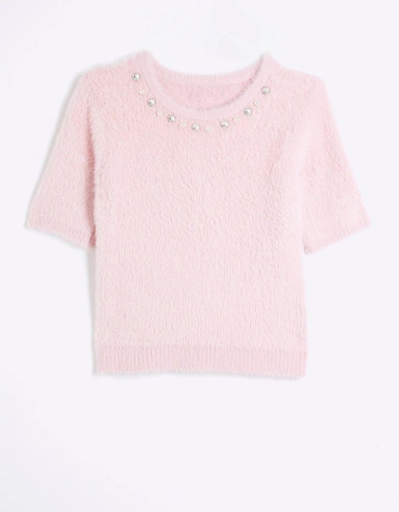 Fluffy Trim Tee - Medium Pink