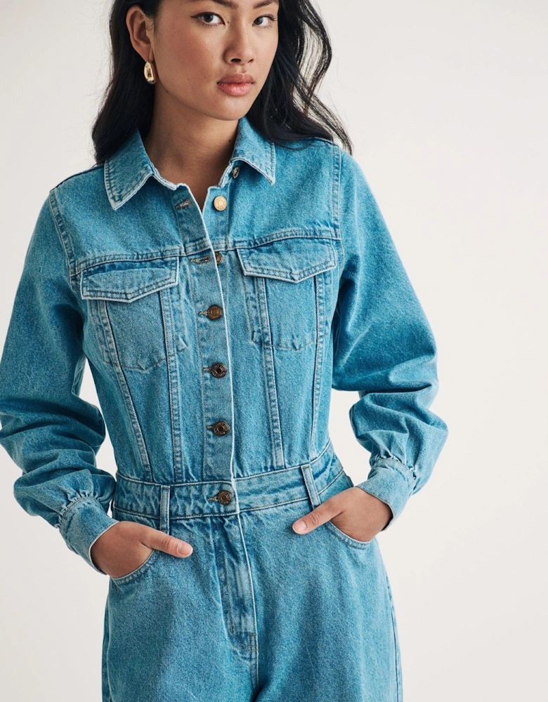 Denim Long Sleeve Jumpsuit - Blue