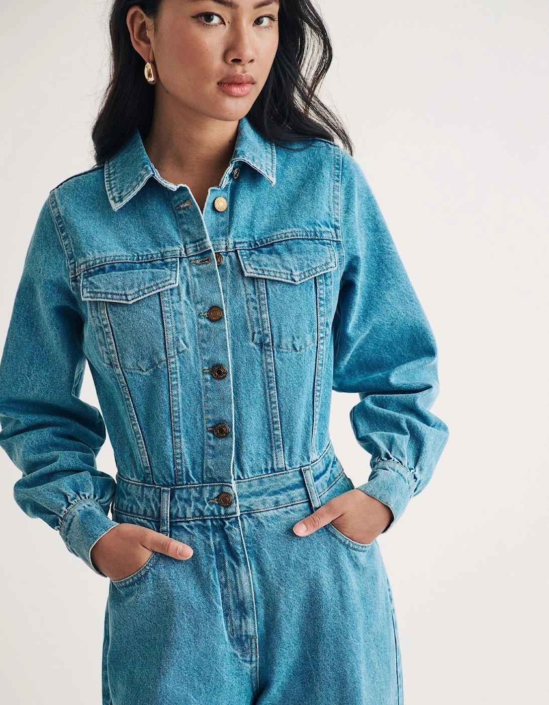 Denim Long Sleeve Jumpsuit - Blue