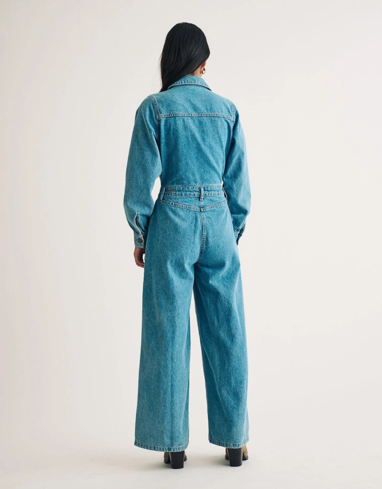 Denim Long Sleeve Jumpsuit - Blue
