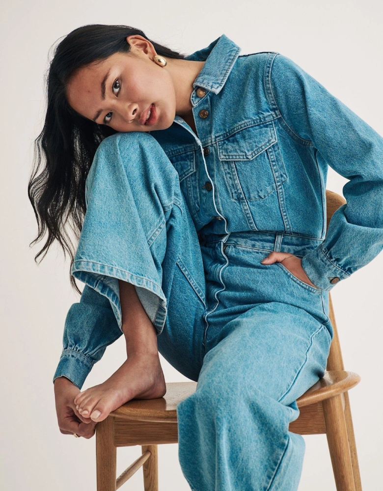 Denim Long Sleeve Jumpsuit - Blue