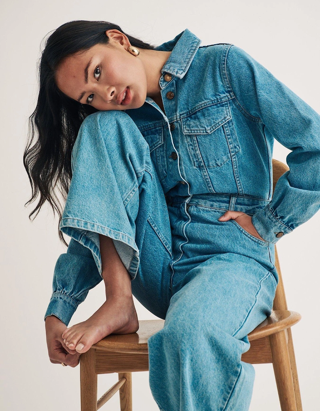 Denim Long Sleeve Jumpsuit - Blue