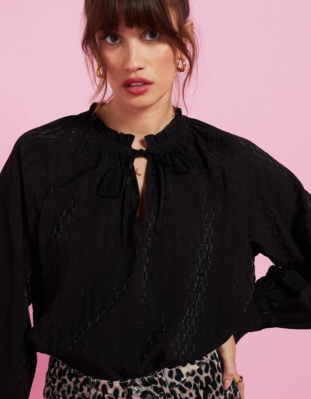 Tie Detail Long Sleeve Blouse - Black