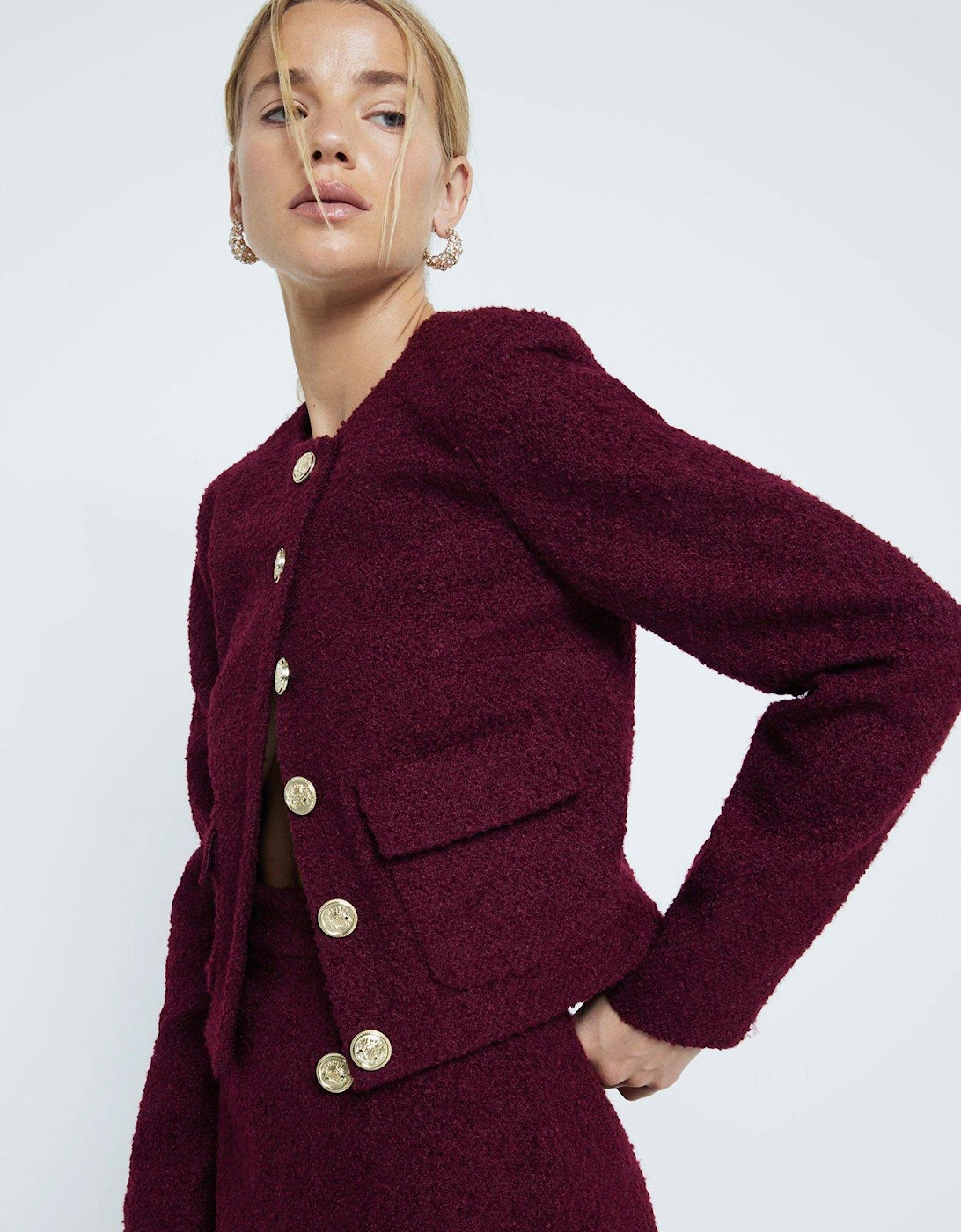 Cropped Collarless Jacket - Dark Red