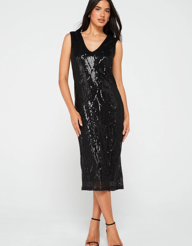 Sequin Sheer Short Sleeve Midi Dress - Black