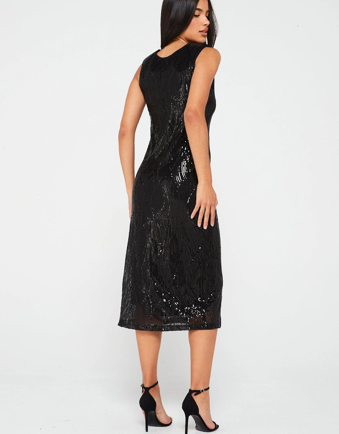 Sequin Sheer Short Sleeve Midi Dress - Black