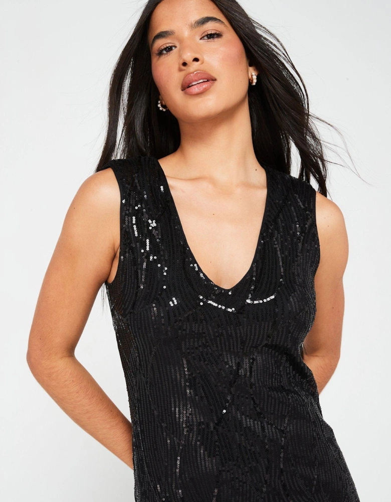 Sequin Sheer Short Sleeve Midi Dress - Black