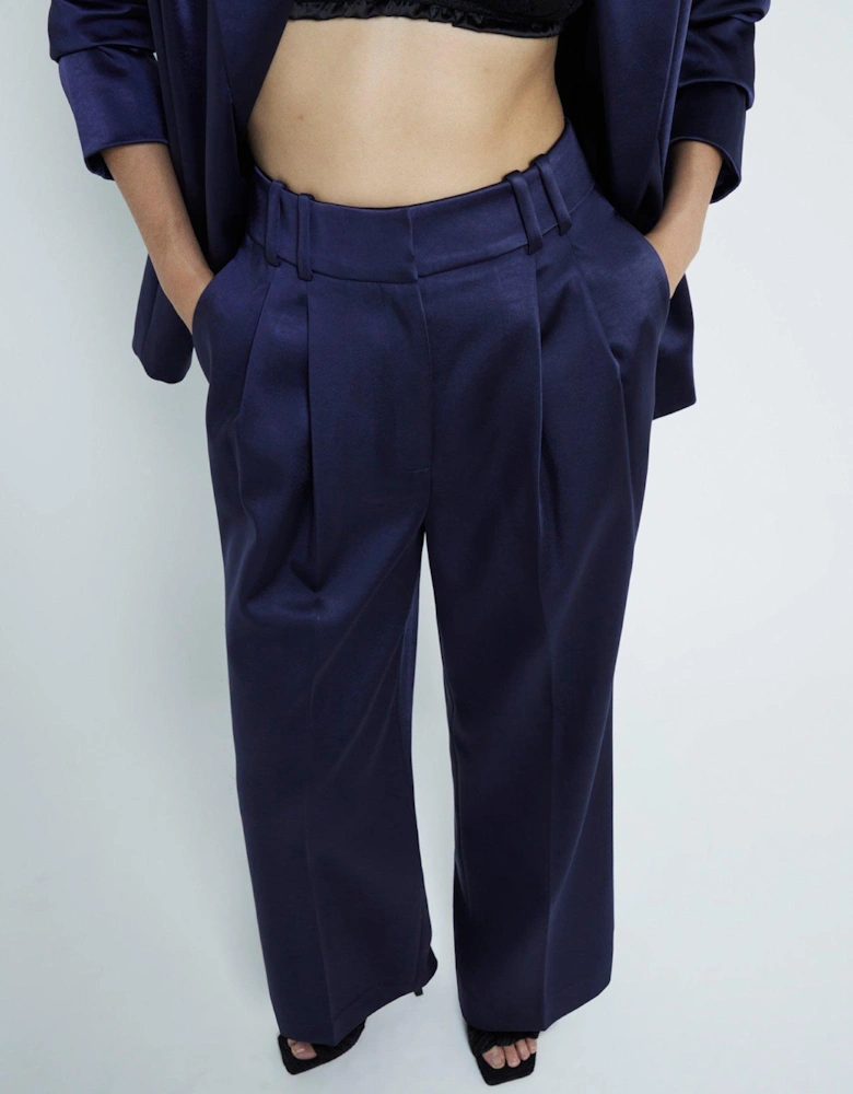 Satin Wide Leg Trouser - Navy