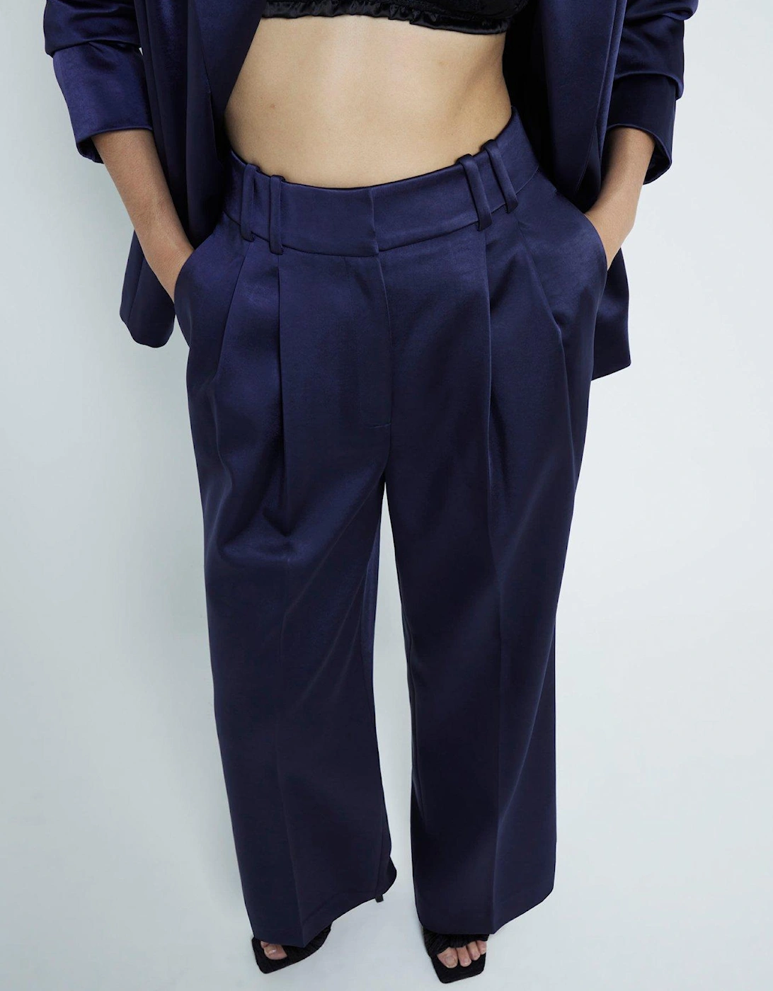 Satin Wide Leg Trouser - Navy