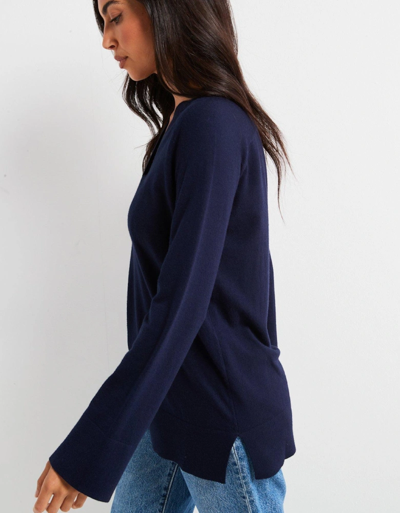 V Neck Longline Jumper - Navy