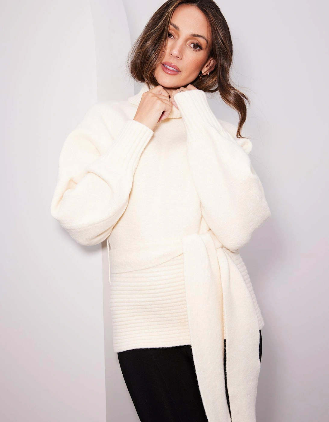 Premium Wool Blend Knitted Belted Jumper - Cream