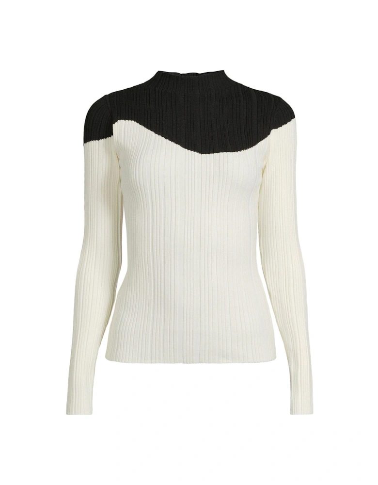 Knitted Rib Long Sleeve Contrast Top - Black/Cream