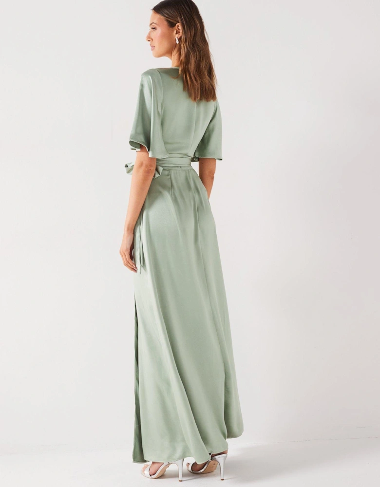 Wrap Tie Satin Bridesmaid Dress - Sage