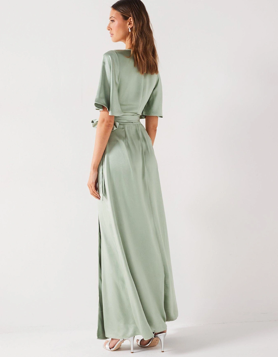Wrap Tie Satin Bridesmaid Dress - Sage