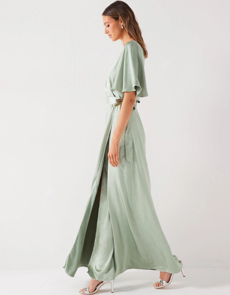 Wrap Tie Satin Bridesmaid Dress - Sage