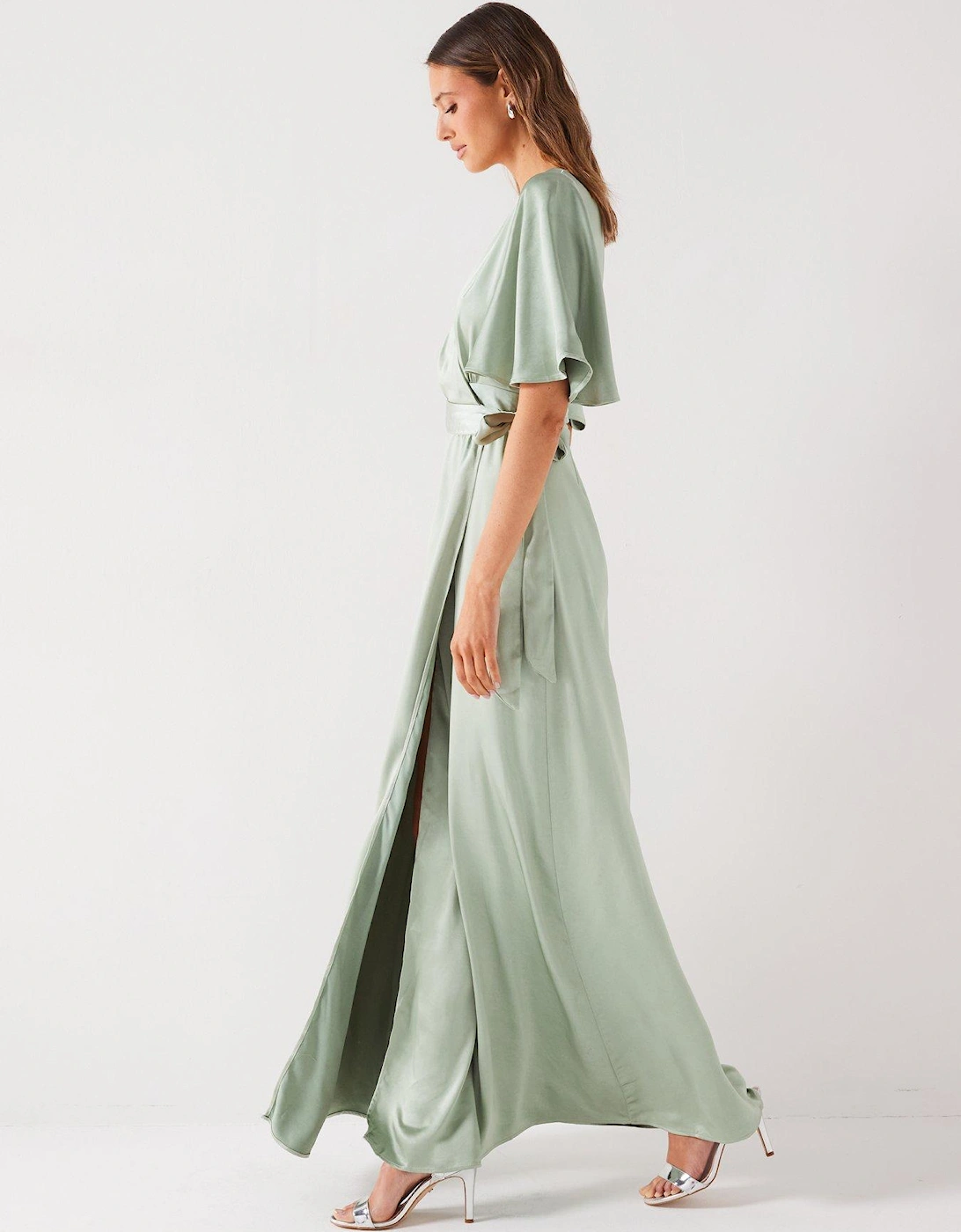 Wrap Tie Satin Bridesmaid Dress - Sage