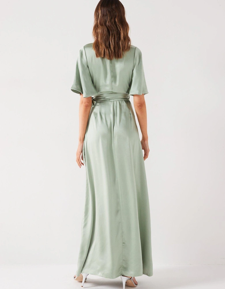 Wrap Tie Satin Bridesmaid Dress - Sage