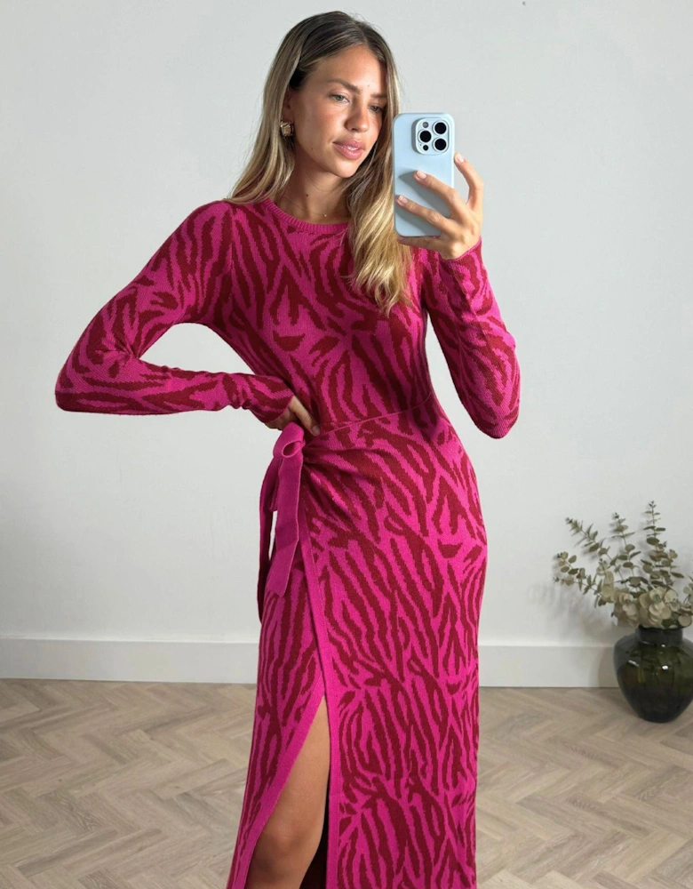 Animal Print Long Sleeve Midi Dress - Pink