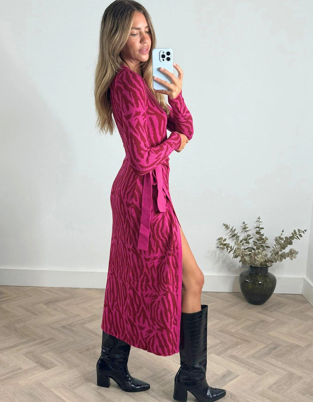 Animal Print Long Sleeve Midi Dress - Pink