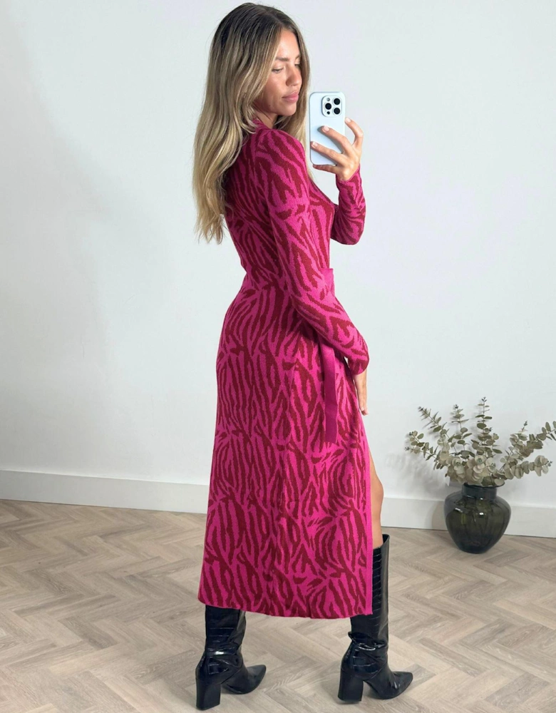 Animal Print Long Sleeve Midi Dress - Pink