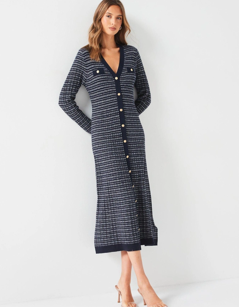 V Neck Striped Maxi Dress - Navy