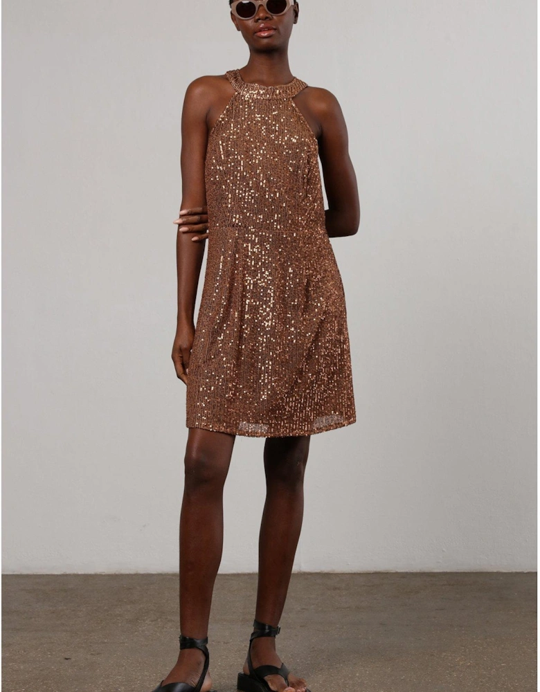 Metallic Halter Neck Mini Dress In Soft Sequin - Brown