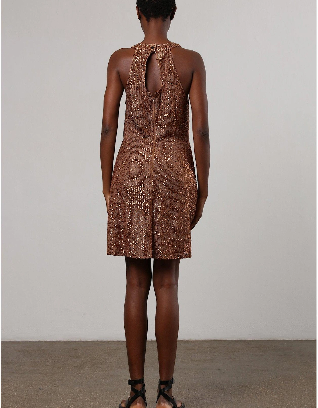 Metallic Halter Neck Mini Dress In Soft Sequin - Brown