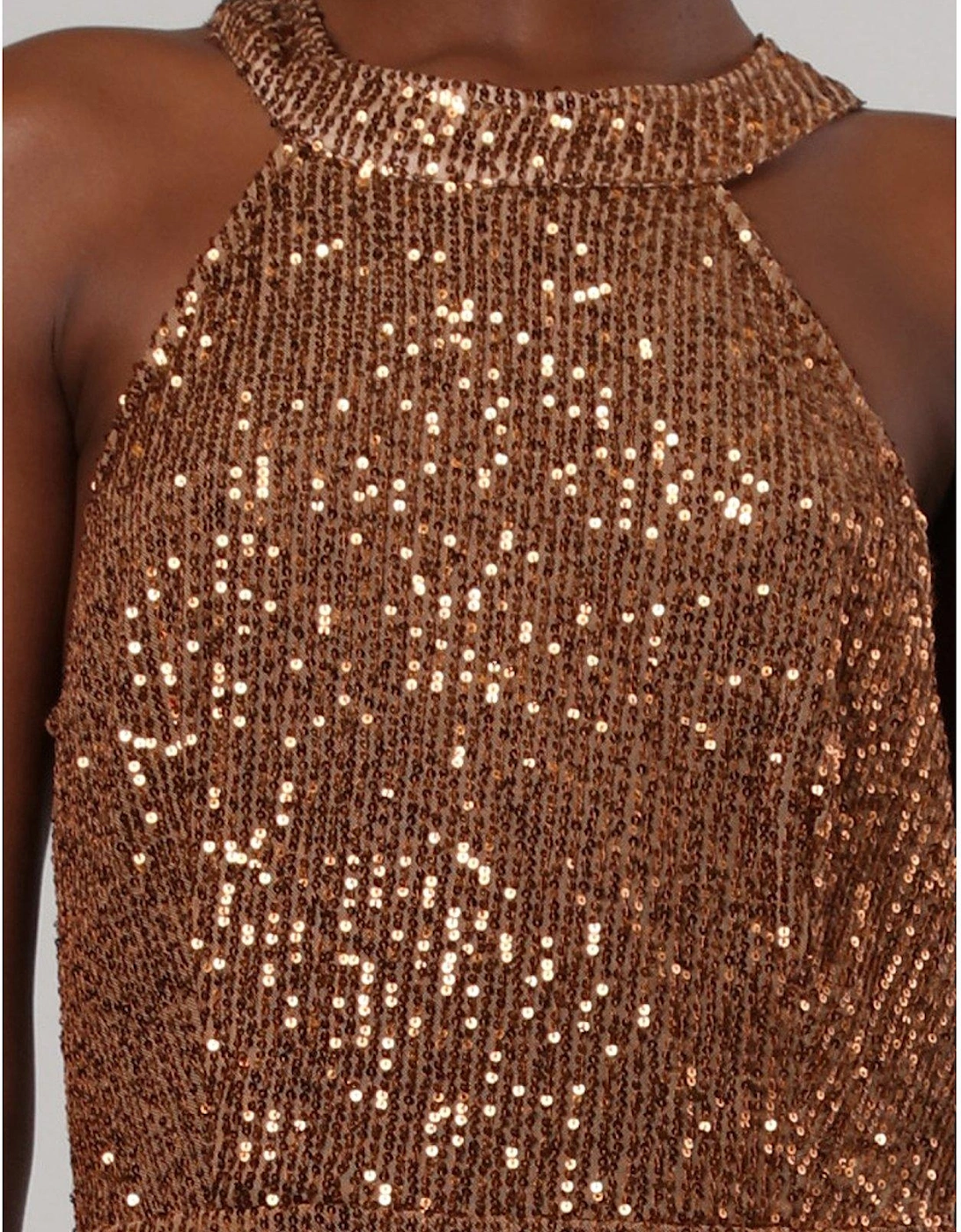 Metallic Halter Neck Mini Dress In Soft Sequin - Brown