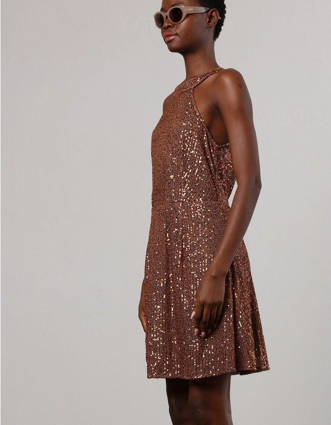 Metallic Halter Neck Mini Dress In Soft Sequin - Brown