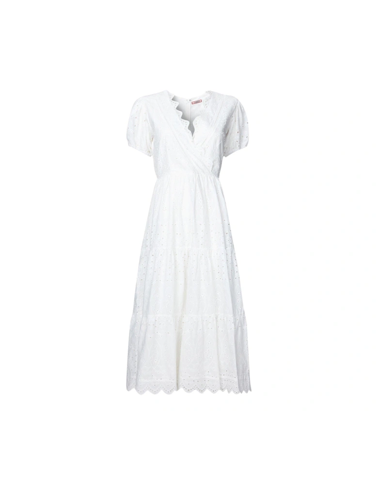 Short Sleeve Broderie Midi Dress - White