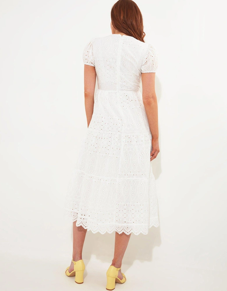 Short Sleeve Broderie Midi Dress - White